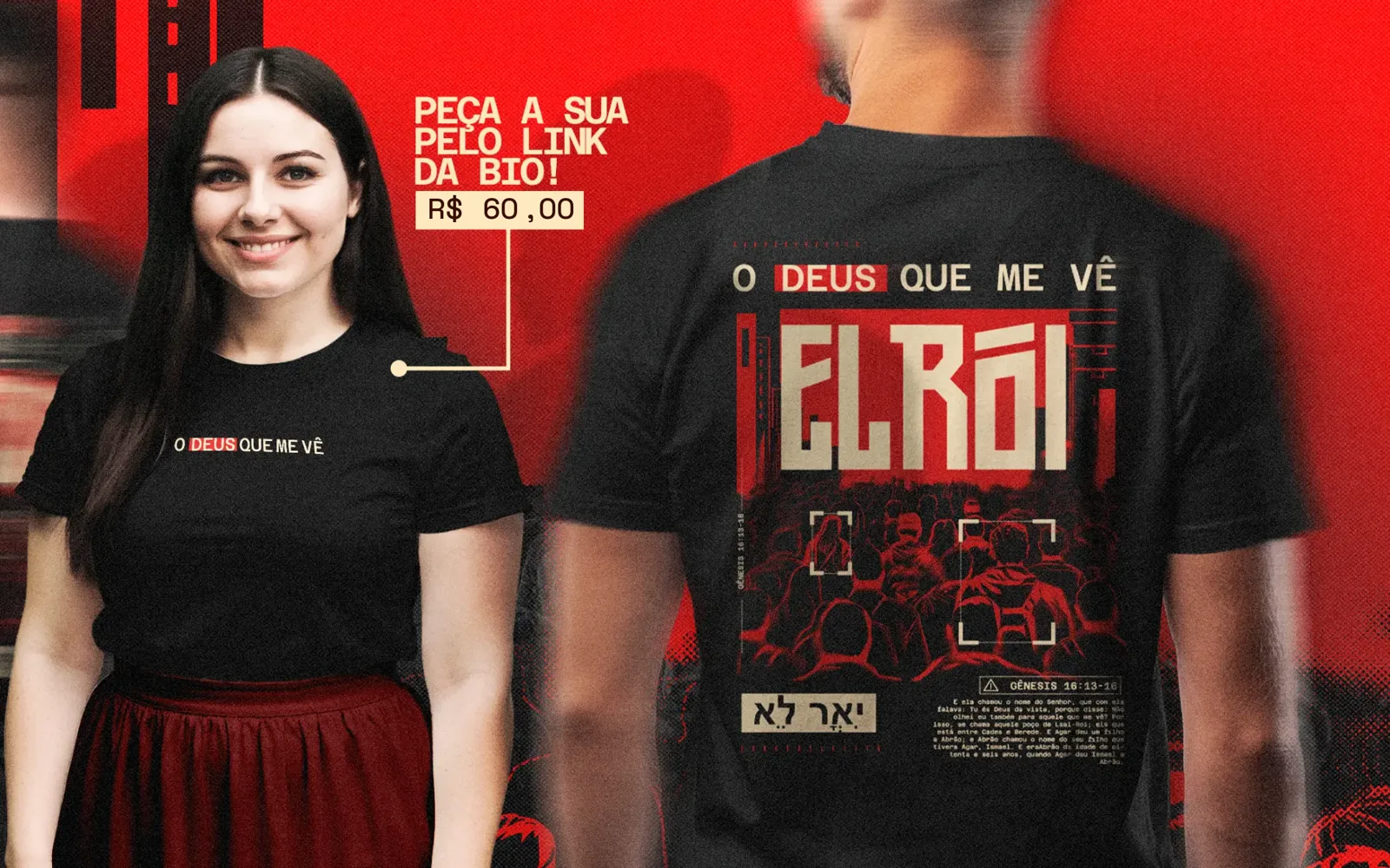 Camiseta oficial El Rói: frente com a frase “O Deus que me vê” e costas com a arte do tema. Peça a sua pelo link da bio, R$ 60,00