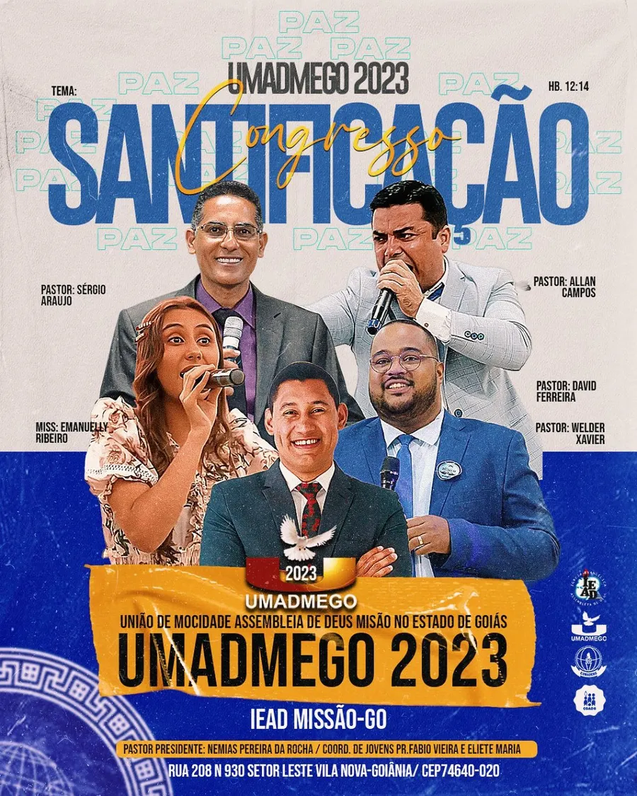 Cartaz do Congresso UMADMEGO 2023 — Santificação — Hebreus 12.14, com os convidados da edição