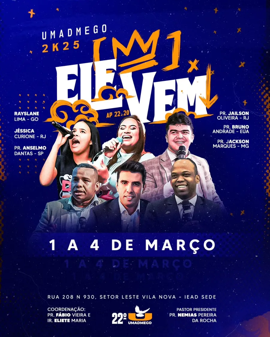 Cartaz do 22º Congresso UMADMEGO 2025 — Ele vem — Apocalipse 22.20 — 1 a 4 de março, com os convidados da edição