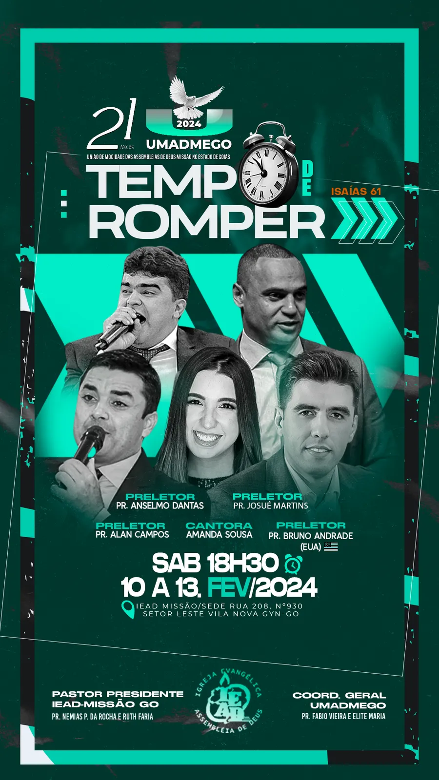 Cartaz do 21º Congresso UMADMEGO 2024 — Tempo de Romper — Isaías 61 — 10 a 13 de fevereiro, com os convidados da edição